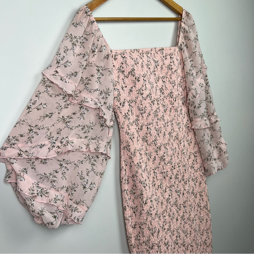 Two Sisters Label Midi Dress Shirred Stretch Bodycon Pink Floral Cocktail Size 8 - Picture 8 of 13